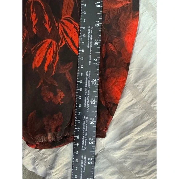 H&M Size 10 Floral Print Tiered‎ Mini Dress Long Sleeve Sheer Red Black Swing - Picture 10 of 11